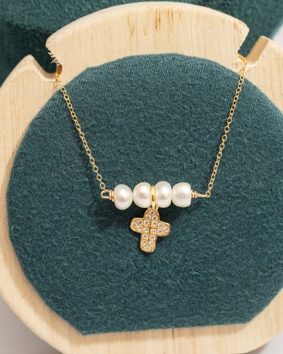 [12083] Pulsera Cruz Cuatros  perlas