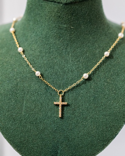 [12417] Collar Perlitas Cruz