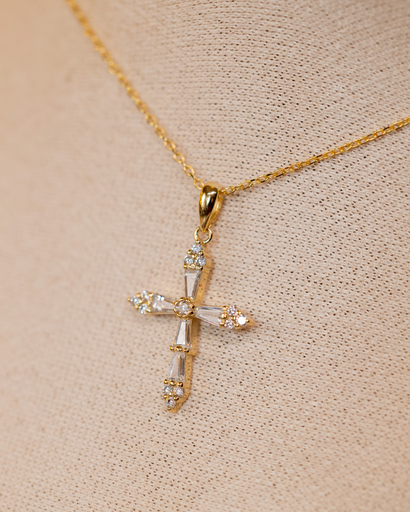 [12884] Collar Simple Cruz Cristales Dorada Grande 