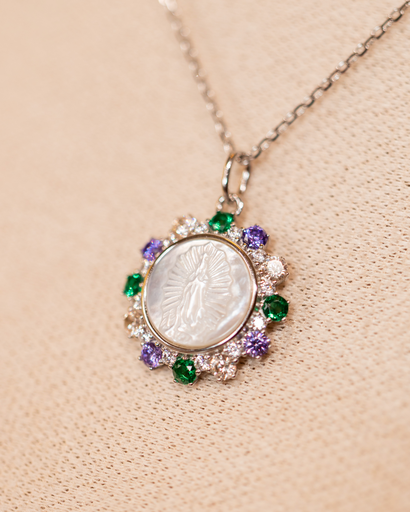 Collar Virgen Nacar Redondo Morado/Verde