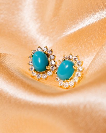 [12932] Arete Ovalo Turquesa Cristales Borde Dorado