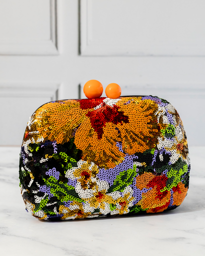 [13133] Cartera Bordada Flores Naranja y Negro